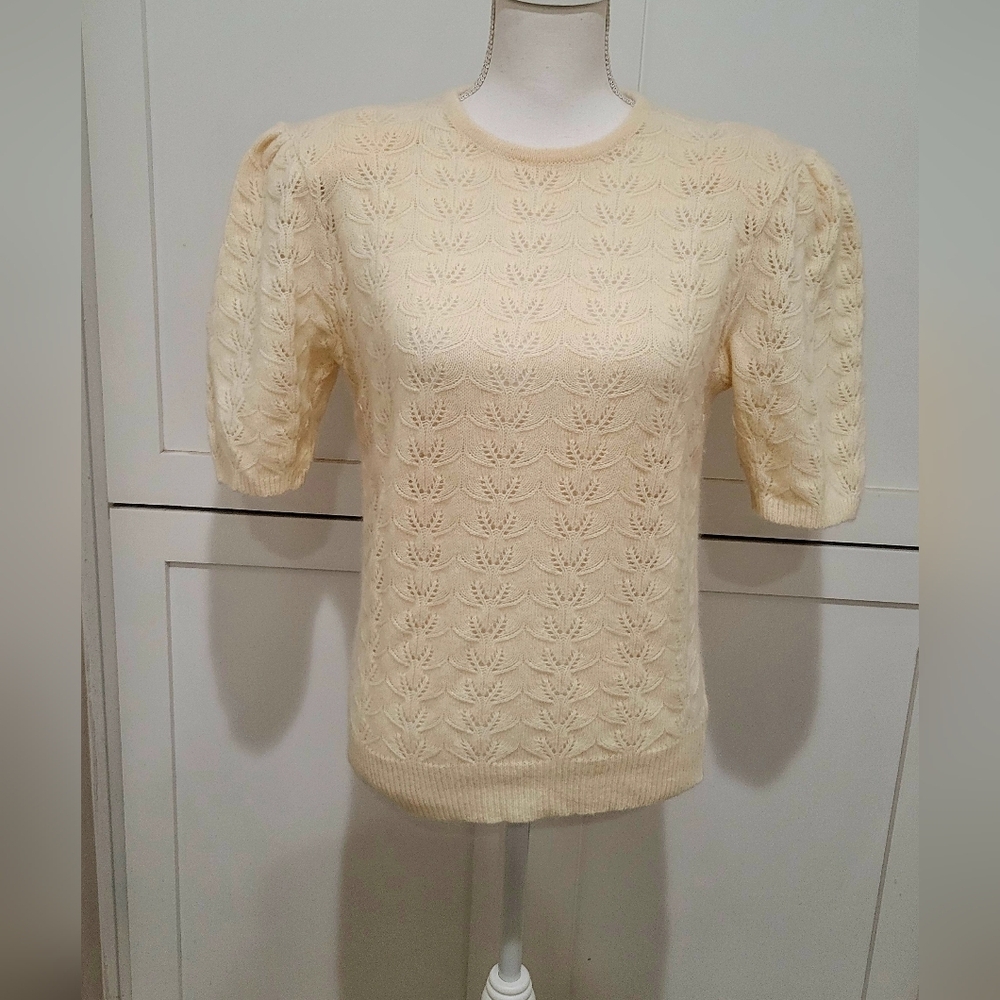 VTG Outlander Soft Textured Lambswool Angora Cream Puff Sleeve Sweater | Size M